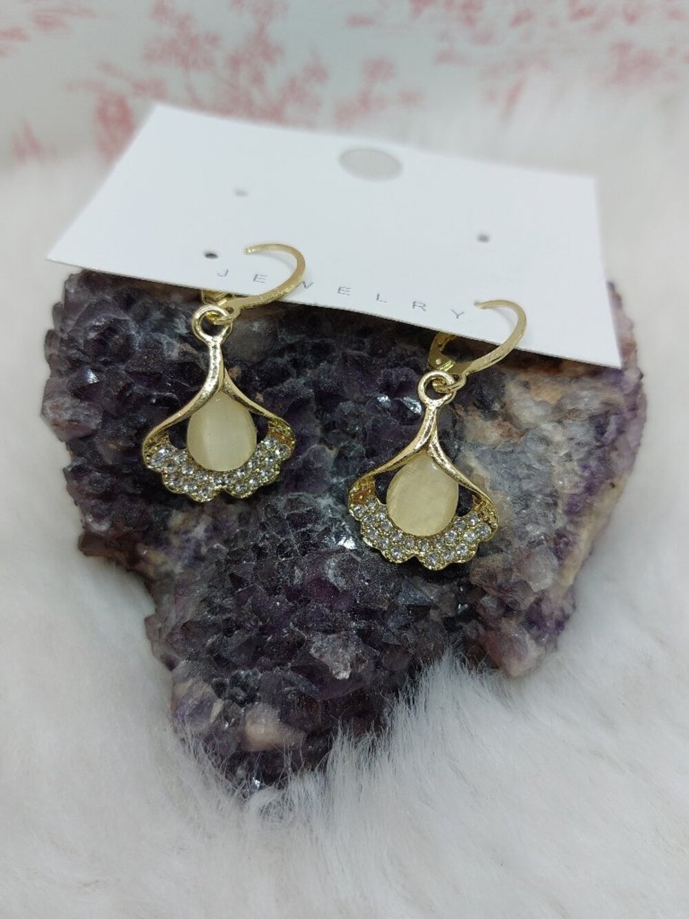 S925 Buckle Apricot Leaf Opal Earrings Ear Buckle Water Drop Faux Cat's Eye